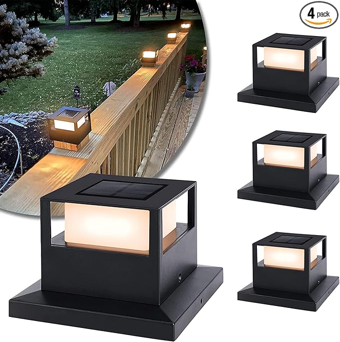 Viewsun 4 Pack Solar Post Lights, Outdoor Garden Solar Powered Fence Post Cap Lights with SMD LEDs Waterproof Light Decorative for Fence Deck or Patio Decor, Fits 4x4, 5x5 or 6x6 Wooden Posts