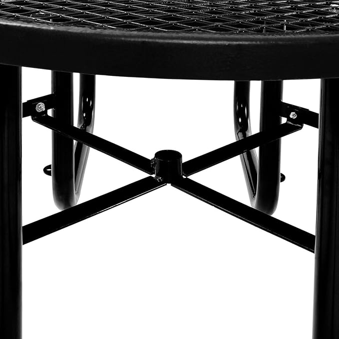 Global Industrial 46" Round Picnic Table, Expanded Metal, Black Thermoplastic Coating, Attached Benches, 1-1/2” Umbrella Pole Hole, Outdoor-Rated, 1000 lb Capacity