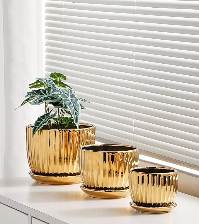 Ton Sin Gold Plant Pots,4.1+5.1+6.5 Inch Flower Pots,Ceramic Succulent Planters Set of 3,Mini Indoor Pots with Drainage,Handmade Decorative Ceramic Orchid and Herb Pots(Gold)