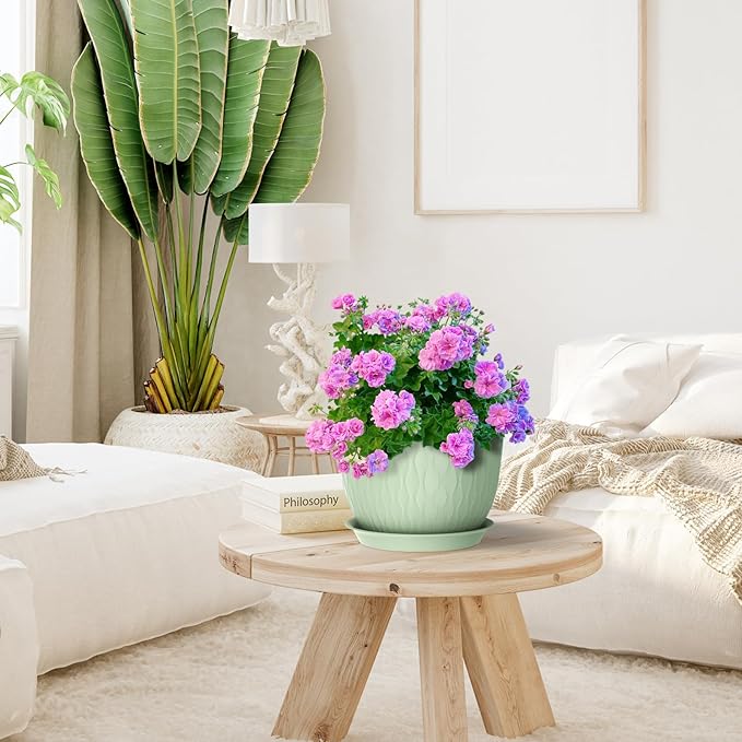 Large Flower Pots 12/10/9 inch, 3 Set Wide Plant Pots for Outdoor Indoor Plants with Water Ripples, Big Plastic Planters with Drainage Holes and Saucers for Garden House Plants, Green