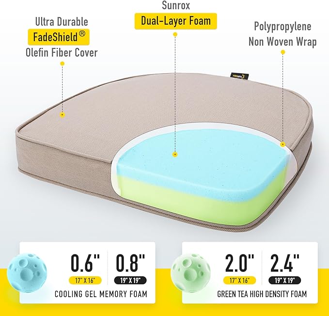 SUNROX Gel Memory Foam Chair Cushions, FadeShield Water-, Stain-Resistant Durable Reversible Seat Cushion Pads with Ties for Indoor/Outdoor Kitchen Dining Office, 19"x19", Set of 2, Husk Birch