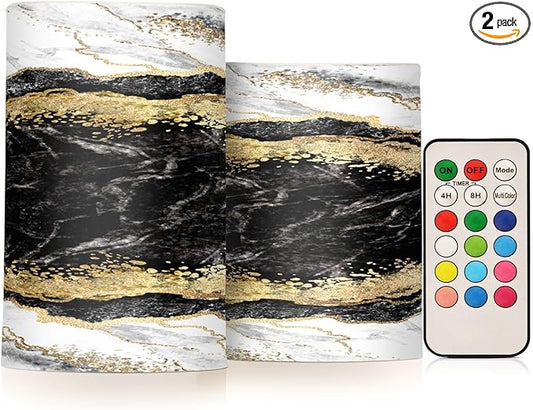 Flickering Flameless Candles, Black White Marble Gold Veins LED Candles with Remote Timer, Set of 2 Battery Operated Candle for Valentine Wedding Birthday