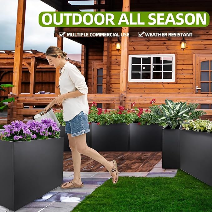 Metal Tall Long Planter Box Large Rectangular Planter Flower Pot with Drainage Holes for Indoor Outdoor Deck Porch Garden Home Patio Front Door (Black, M)