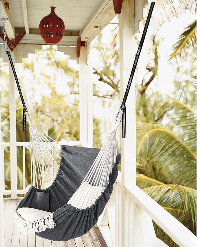 Chihee Hammock Chair Hanging Swing 2 Pillows Included,Strong Webbing Straps and Hooks for Easy Hanging Soft Cotton Hanging Chair Side Pocket Tassel Chair Comfort Indoor Outdoor Dark Grey