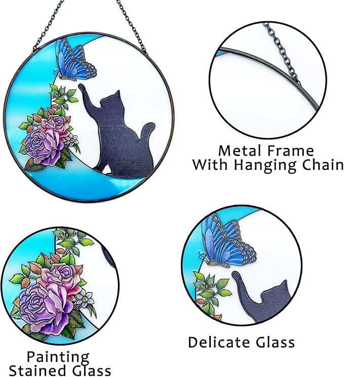 Cat Stained Glass Butterfly on Moon Gifts, Handcrafted Suncatchers Black Cat for Stained Glass Window Hangings, Cat Gifts for Cat Lovers, Painted Glass Panel Decor Funny Cat Themed Gift