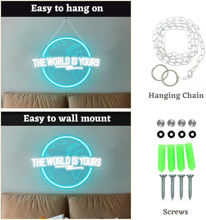 The World Is Yours Neon Sign, Carved Planet The World Is Yours LED Neon Light Signs for Wall Decor, Light Up Signs for Man Cave Game Room Bedroom Birthday Gift