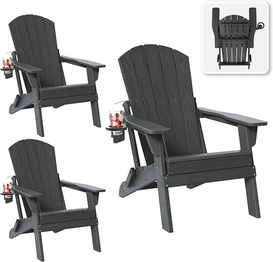 Folding Adirondack Chair Set of 3 with Cup Holder, HDPE All Weather Resistant Plastic Outdoor Patio Chairs, Heavy Duty Fire Pit Seating for Backyard Lawn Garden, Wooden Textured Design(Gray)
