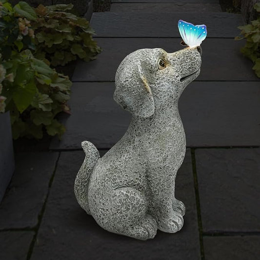 Solar Garden Outdoor Statues Dog with Butterfly Lights, Lawn Decor Puppy Figurine for Patio Balcony Yard, Yard Unique Christmas Birthdays Gift for Mom Grandma
