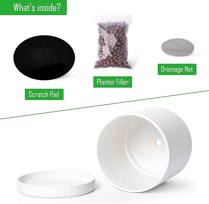 D'vine Dev 12 Inch Ceramic Planter Pot with Drainage Hole and Saucer, Indoor Cylinder Round Planter Pot, White, 94-O-F-1