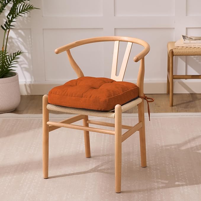 Chair Cushions for Dining Chairs, Dining Chair Cushions, Tufted Indoor Chair Pads with Ties & Non Slip Backing, Seat Cushions for Kitchen Chairs 16.5” x 16.5” x 3.5”, Set of 6, Orange