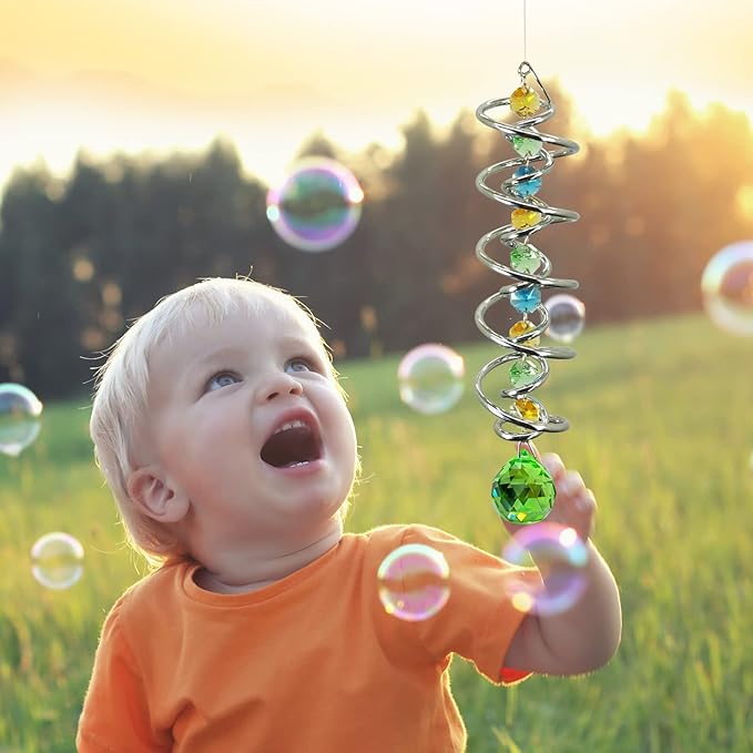 FONMY Gazing Ball Spiral Tail -Decorative Wind Spinner Sun Catcher Rainbow Maker Double-Spiral W/Green Crystal Ball and Chain Crystals for Indoor Outdoor Garden Decoration -14 inch Height