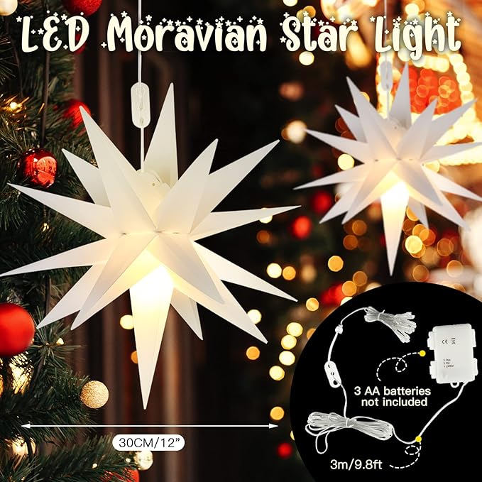Kingdder 8 Pieces Moravian Star Light LED 3D Star Hanging Light Powered by Battery with Timer Function White Porch Lantern Holiday Decor for Indoor Outdoor Christmas Tree Balcony Courtyard (12 Inch)