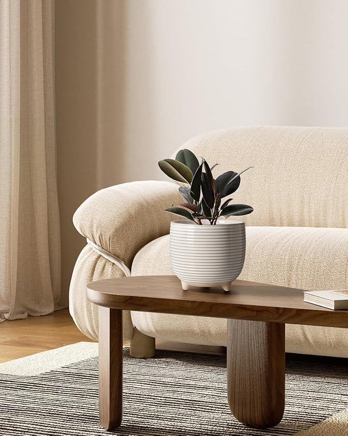 LE TAUCI Ceramic Plant Pots, 5.1 + 6.4 Inch Footed Pots for Plants, Modern Flower Pots for Home and Office, Indoor Planters with Drainage, Reactive Glaze White