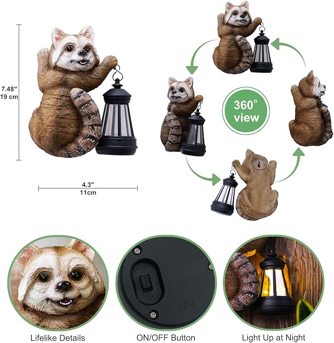 Raccoon Tree Hungger with Solar Lantern - 7.4 Inch Raccoon Outdoor Statue for Garden Yard Decor Outside,Best Garden Gifts for Mom,Women
