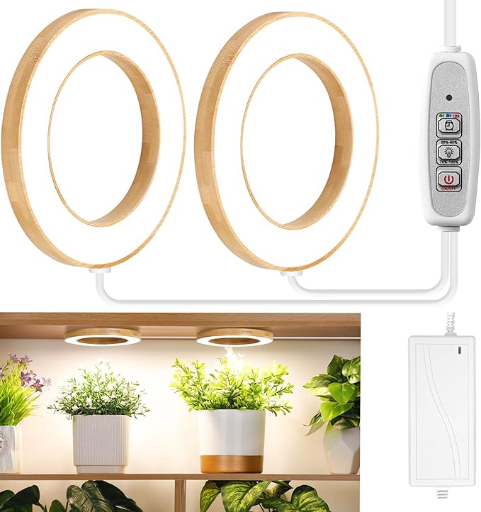LORDEM 6.3" Bamboo Ceiling Grow Light for Indoor Plants, 144 LEDs Full Spectrum Grow Lamp, Under Cabinet Plant Light with 4/8/12H Auto Timer, 3 Switch Modes, 4 Dimmable Brightness Levels, Dual Head