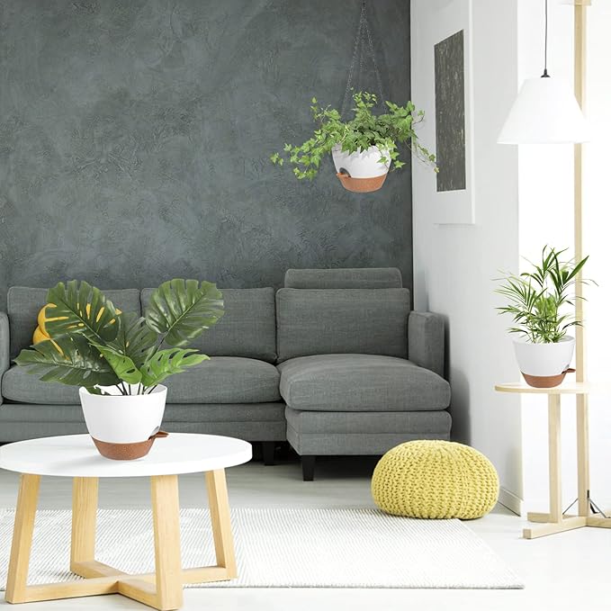 Hanging Planters for Indoor Outdoor Plants, 2 Pack Self Watering Hanging Pot with Drainage Holes & Removable Tray (White, 10'')