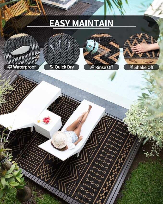 COCOER Outdoor Rug Carpet Waterproof 9x12 ft Patio Rug Mat Indoor Outdoor Area Rug for RV Camping Picnic Reversible Lightweight Plastic Straw Outside Rug for Patio Decor Decoration Boho Rug