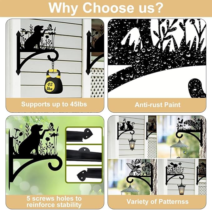 peacoblue Iron Plant Hangers Hooks for Outdoor Indoor Hanging Plants Flower Fern Pots Lantern Bird Feeder,11.6"x13.6" Weather Resistant Metal Wall Holder for Porch Garden Farmhouse(Witch and Cat)