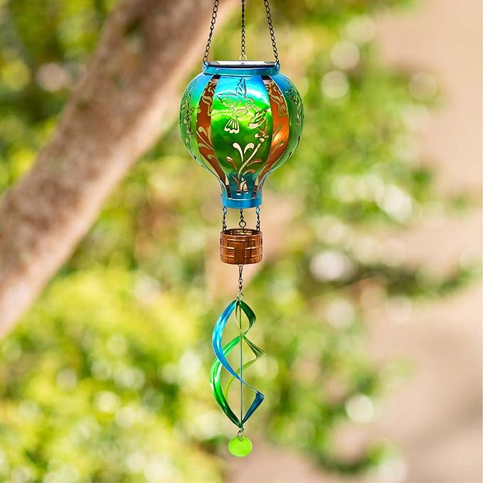 Hot Air Balloon Solar Lantern Hummingbird Wind Spinners with Flickering Flame Light Hanging Solar Lantern Outdoor Waterproof Decorations for Outside Patio Garden Yard