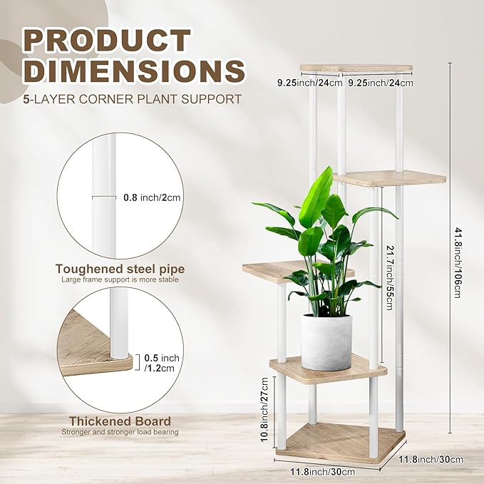 5 Tier Wood Tall Plant Stand Metal Rack Indoor, Multiple Flower Pot Holder Shelves Corner Rack, Planter Shelf Display Rack Storage Organizer for Patio Living Room Balcony Garden(White Oak)