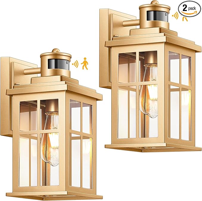 Gold Motion Sensor Outdoor Lights, Waterproof Exterior Lighting Fixtures, Aluminum Modern Outdoor Wall Lights Exterior, Transparent Glass Outdoor Porch Lights for House, Garden, Yard, E26 Base