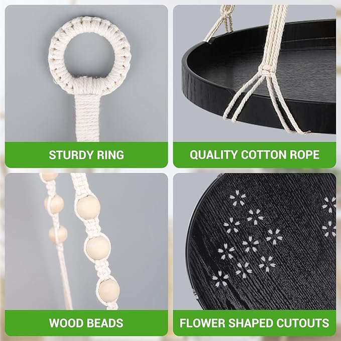 SUREAM Indoor Hanging Planter Shelf, Black Macrame Plant Hanger, Handmade Cotton Plant Hangers with Wood Tray, Planter Flower Pots Holder for Window Wall Ceiling Home Porch Patio Decor