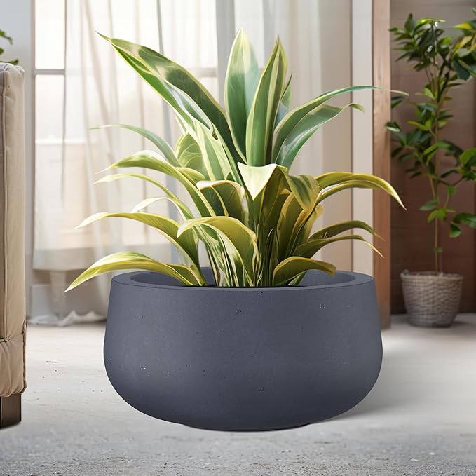 Kante 19.6" Dia Round Concrete Planter, Cement Plant Pots with Drainage Hole and Rubber Plug for Outdoor Indoor Garden Home, Modern Curvaceous Design, Dark Gray