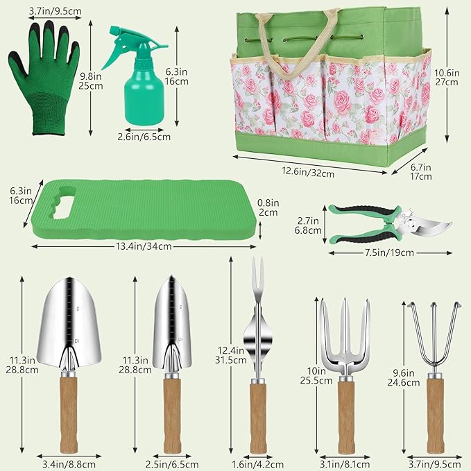 Garden Tool Set,10 Piece Garden Kit,Heavy Duty Stainless Steel Gardening Hand Tools with Durable Storage Tote,Rust-Proof Garden Tools,Gardening Gifts for Women Men Pink Floral Pattern Design