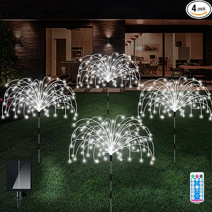 Solar Outdoor Lights,4 Pack 120 LED Waterproof Solar Firework Lights are 8 Modes Decorative Sparkles Stake Landscape Light,Garden Copper Wire Firework Lamp for Backyard Lawn Patio Decor(Cool White)