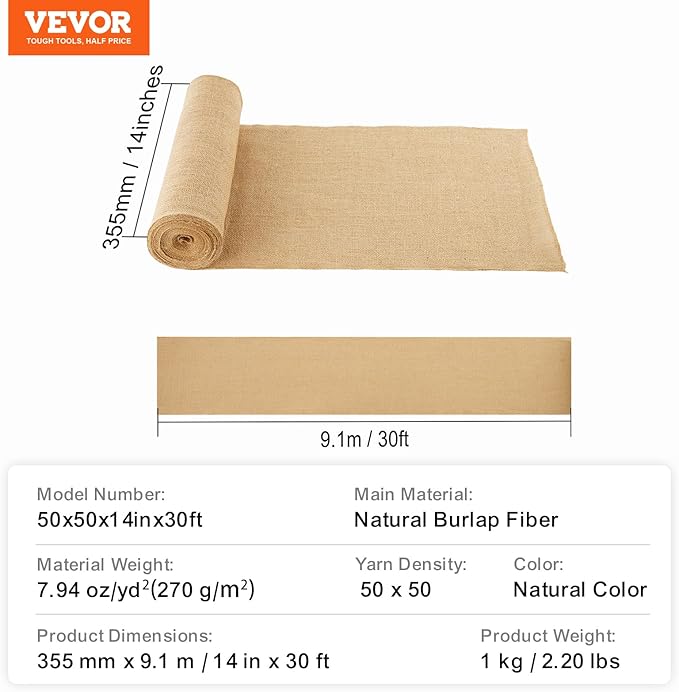 VEVOR Burlap Fabric Roll, 14” x 30 ft High Density Natural Jute Fiber Material for Outdoor Plant Care, Tree Wrap Roll, Decor, DIY Crafts, Wedding, Garden Weed Barrier, Plants & Trees Winter Covering