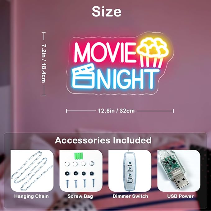 Movie Night Neon Sign With Popcorn Dimmable LED Neon Lights for Wall Decor USB Powered Light Up Signs for Bedroom Living Room Cinema Film Room Man Cave Home Bar Wedding Birthday Party