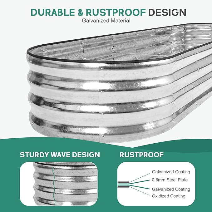 Galvanized Raised Garden Bed - 8×2×1ft Planter Raised Beds for Gardening | Oval Metal Garden Planter Box with Safety Edging and Bracing Rods for Vegetables Fruits and Flowers - Silver