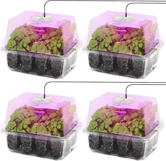 MIXC 4-Pack Seed Starter Tray Kit with Plant Light Seedling Trays with Adjustable Humidity Domes & Clear Cell Trays 12 Full Spectrum LED Beads for Indoor Plant Growth(Transparent)