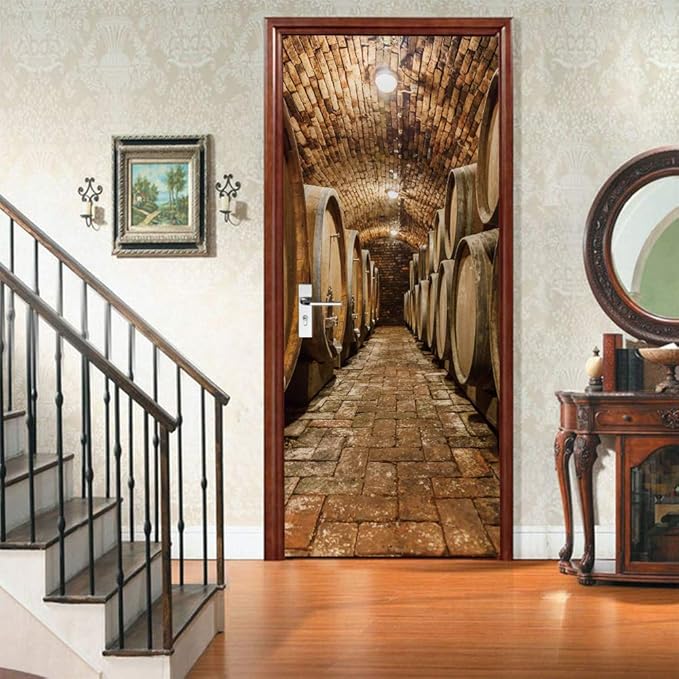 3D Door Stickers Murals Peel and Stick - Wine Cellar - Door Wallpaper Self-Adhesive Door Decals Removable PVC Waterproof Door Poster for Bedroom Living Room Door Decoration 37.4" x 84.6"
