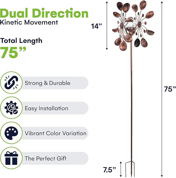 SteadyDoggie 75-Inch Wind Spinners Jewel Cup - Solar-Powered with Multi-Color LED Glass Ball - Metal Kinetic Windmill for Dual Wind Direction - Easy to Assemble Garden and Outdoor Yard Decorations