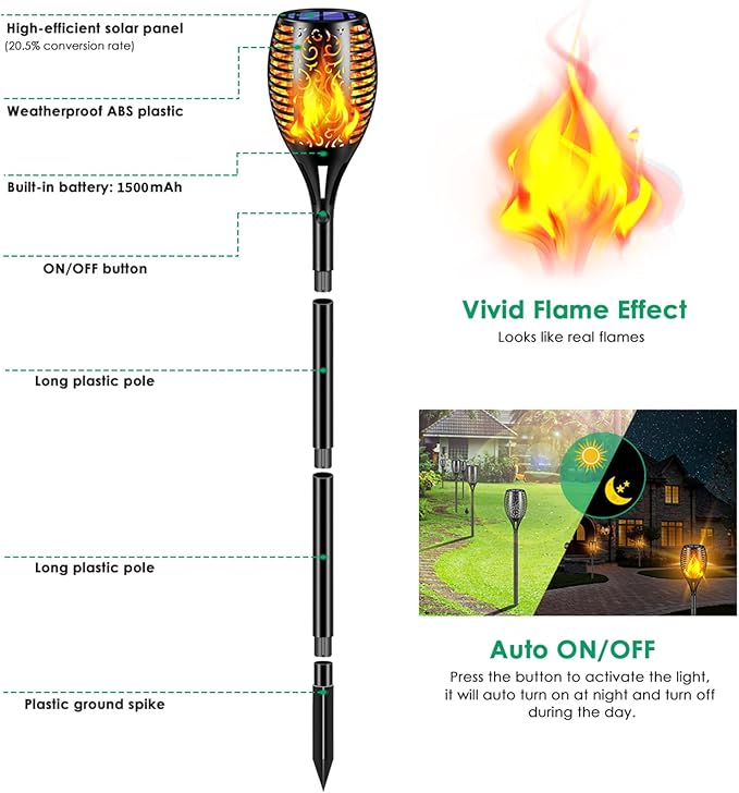 TomCare Solar Lights Outdoor 99 LED Higher & Larger Flickering Flame Solar Torch Lights 43" Waterproof Outdoor Lighting Solar Powered Pathway Lights Christmas Decorations for Garden Patio Yard, 4Pack