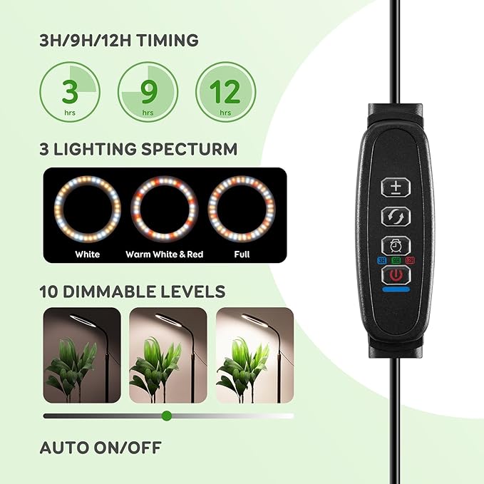 One Head Grow Lights for Indoor Plant Full Spectrum, Plant Lights for Indoor Growing with 3/9/12 Timer, 5 Dimmable Levels,Height Adjustable 16.5''-61",Strong Base for Large Plants Happy Light