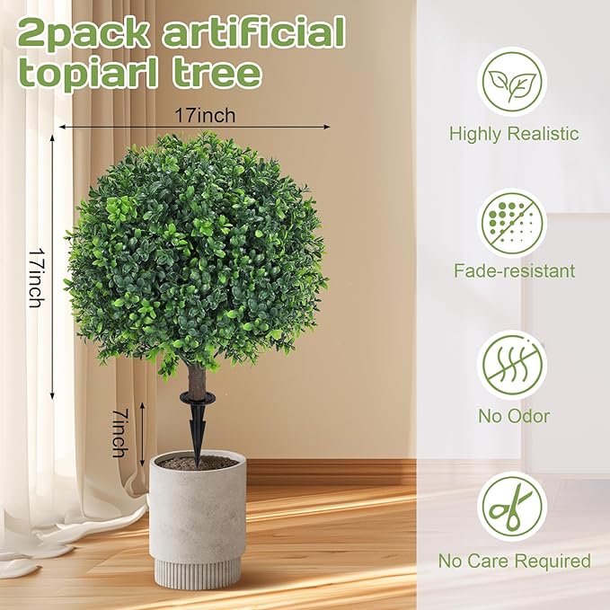 Artificial Boxwood Topiary Ball Tree 24" with Ground Spike, Set of 2 Artificial Boxwood Bushes for Faux Shrubs, Fake Evergreen Faux Plant for Indoor Outdoor Porch Garden- UV Resistant – Fade-Proof