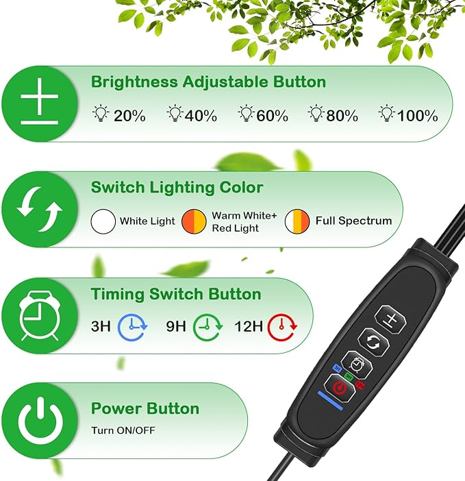 Full Spectrum LED Grow Light for Indoor Plants, 3 Heads Grow Lights for Seed Starting, 10 Dimmable Levels & 3 Timer Modes (3/9/12H), Adjustable 360° Gooseneck with Clip, 6000K Plant Grow Light
