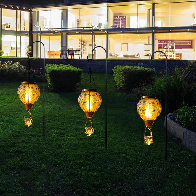 Starsoul Frog Hot Air Balloon Solar Lantern with Candle Holder Glass Outdoor Solar Hot Air Balloon Flickering Flame Lamp Hanging Garden Light Waterproof for Lawn Porch Tree Yard Decorations