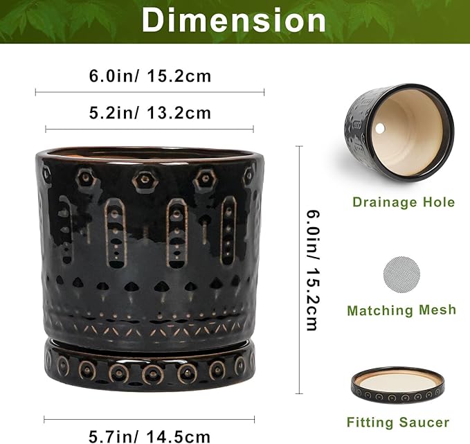 Ceramic Plant Pots - 6 Inch Ceramic Planter for Indoor Outdoor, Round Flower Pots with Drainage Hole and Plant Saucer, Boho Decorative Small Planter, House Decor, Gifts for Gardeners, Black