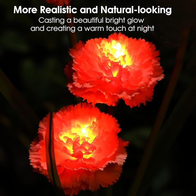 Solar Flowers Outdoor Waterproof, Solar Carnation Stake Lights Outside with 12 Real Looking Flowers for Yard Decorations Outdoor, Front Yard, Garden, Flower Bed, Lawn, Patio Decor (3 Pack)