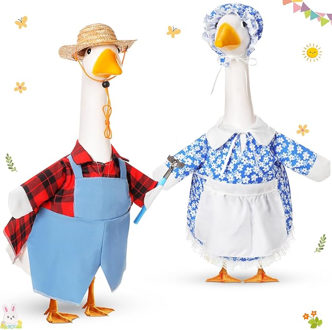 2 Set Spring Goose Outfit Blue Lawn Porch Goose Cloths Farmer Plastic Goose Costume for 23" Cement Goose Spring Outdoor Patio Yard Lawn Decoration