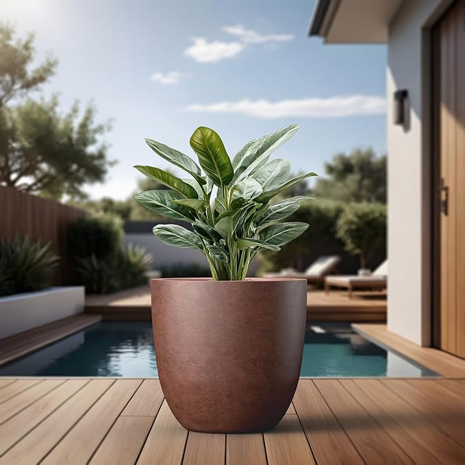 Kante 18 Inch Dia Round Concrete Planter, Indoor Outdoor Large Plant Pot with Drainage Hole and Rubber Plug for Home Patio Garden, Rusty