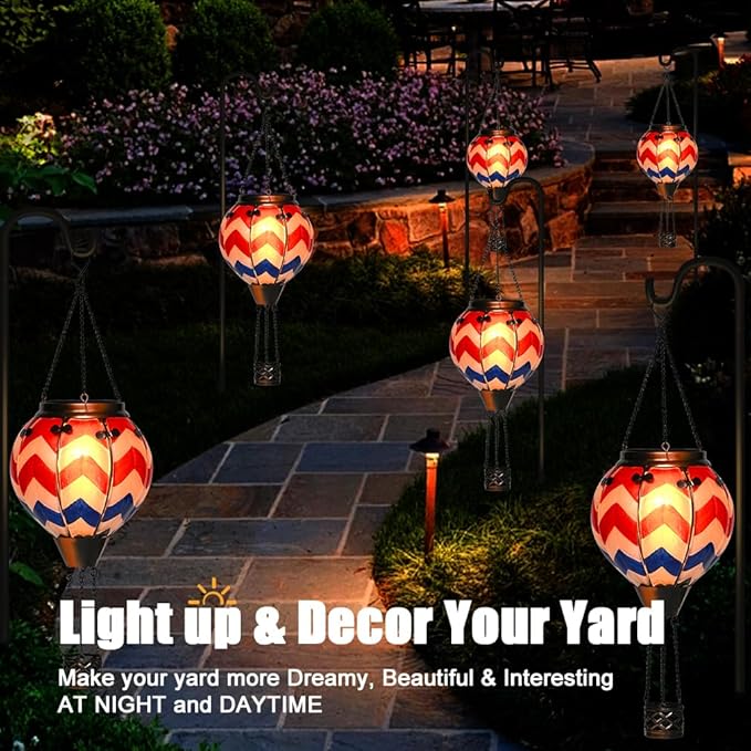 U.S Flag Hot Air Balloon Solar Lantern - Simulated Flickering Flame Stained Glass Light for Outdoor, Yard Hanging/ Waterproof IP65, Ideal 4th of July Gift for Patriot Veterans Patio Decor