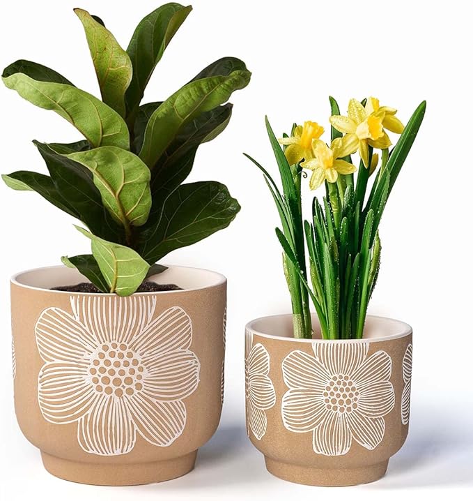 YBX 8 Inch + 6 Inch White Flower Pattern Plant Pots, Sand Glazed Ceramic Planter with Drainage Hole, Flower Pots for Indoor Plants, Tan & White