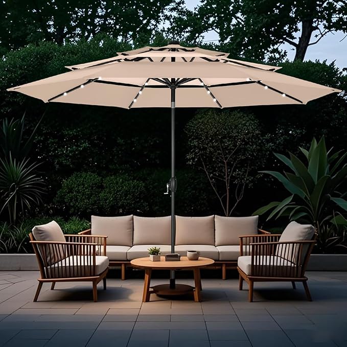 GREEN PARTY 10ft Outdoor Patio Umbrella, Auto-Tilt Market Table Umbrellas with Crank, 8 Sturdy Ribs & 1.5" Pole UV Protection for Garden Deck Backyard Pool