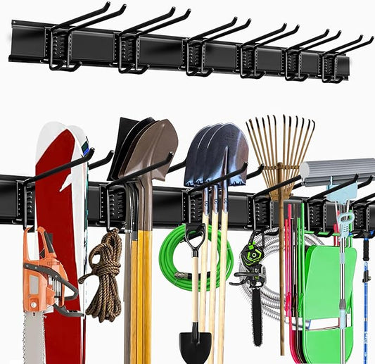 Garage Storage Rack Hooks, 48 Inch Heavy Duty Wall Mount Garage Organization with 3 Rails and 6 Adjustable Double Wall Hooks,Hanging Shelves for Garden Tool/Broom/Mop(Black)