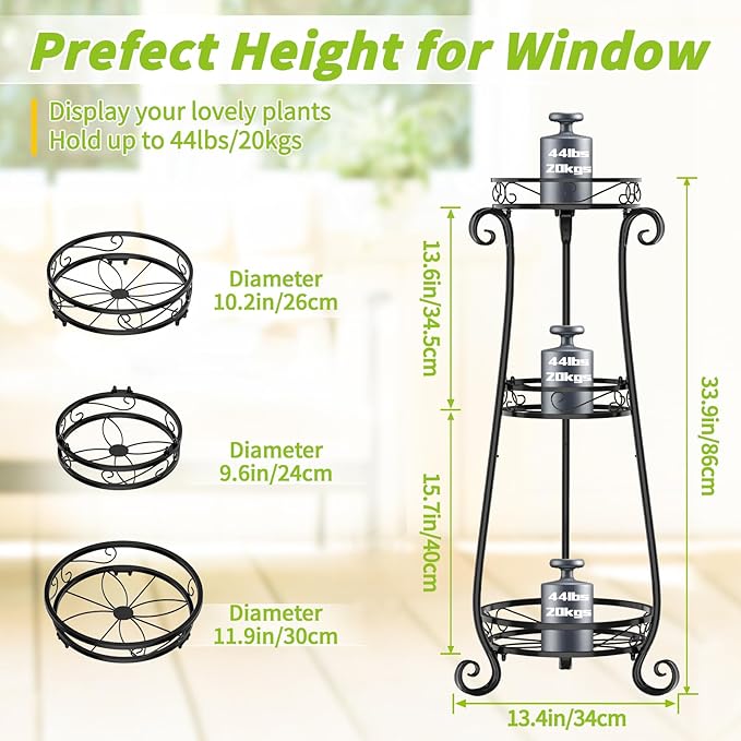 KMOTASUO 3 Tier Metal Plant Stand Indoor, 34 Inch Tall Corner Plant Stands for Indoor Plants, Flower Pot Holder Shelf Display Rack for Balcony Garden Patio Living Room(Black)