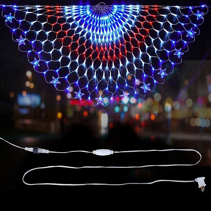 Family Patriotic American Flag String Lights - 250 LED Half Fan Shaped Outdoor Waterproof Lights, 4th of July Decorations, Independence Day, Memorial Day, USA 2pcs
